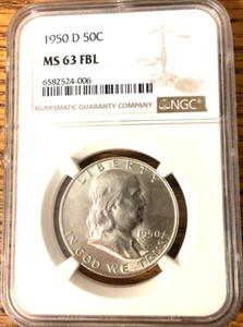 1950-D Benjamin Franklin Half Dollar, NGC MS 63 FBL - Picture 1 of 4