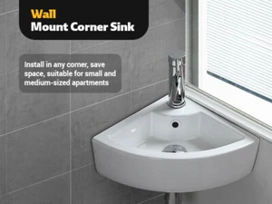 Fregadero de baño de esquina de 17" x 13" - Fregadero de esquina pequeño de recipiente de cerámica blanca - Imagen 1 de 6