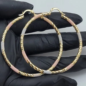 Pendientes de aro para mujer enchapados en oro tricolor de 3 mm. 2,5 pulgadas. Coquetas Oro laminado - Imagen 1 de 7
