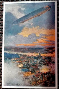 Vintage German WWI Postcard Artist Drawn Military Zeppelin - Picture 1 of 2