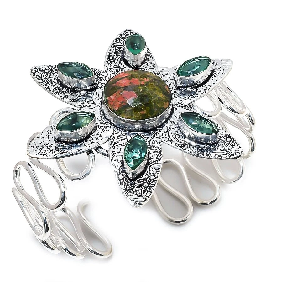 Unakite, Peridoto Gemma a Mano 925 Argento Sterling Bracciale Polsino Regolabile - Immagine 1 di 4