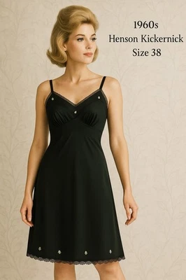VTG 1960s Henson Kickernick Black Nylon Slip Sz 38 Lace Trim Floral Hem - Image 1 of 4