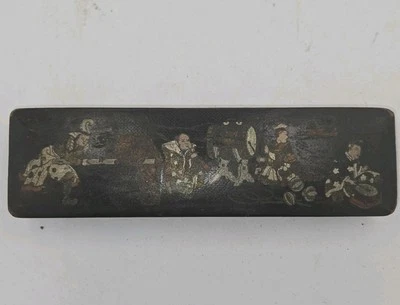 Japanese Meiji Hand-Painted Black 1800s Calligraphy Writing Pen Box Antique - Image 1 of 4