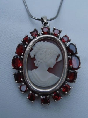 Frauenkopf Gemme Anhänger o Brosche 16 Granate Camee Kamee mit Kette 925 Silber - Bild 1 von 4