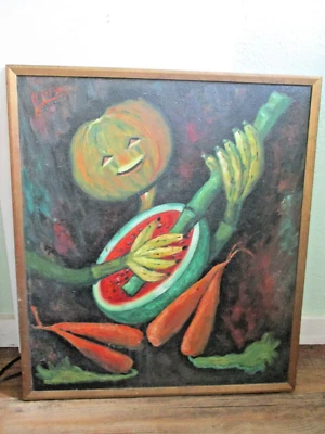 Old Painting FRUIT VEGETABLE MAN Playing Watermelon Banjo SURREAL Signed O.Faley - Image 1 of 4