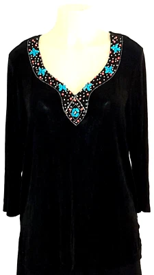 Slinky Brand Black Blouse Size M Acetate 3/4 Sleeve Colorful Beaded V Neck - Image 1 of 4