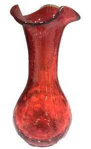 Hand Blown Red Crackle Glass Vase Pinched Ruffled Edge 7” Tall Cadmium Edge - Picture 1 of 6