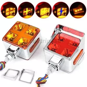 2X Square Red/Amber LED Dual Face Stud Mount Pedestal Fender Turn Signal Light - Picture 1 of 13