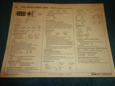1970 CHEVROLET MONTE CARLO / CHEVELLE 400 ENGINE SUN TUNE-UP CHART / 2BBL 265HP - Image 1 of 2