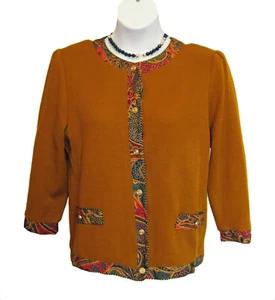 Career Knit Jacket Size 14 XL Gold Button Front Ribbon Trim Brown Multi LeDAMOR - Picture 1 of 10