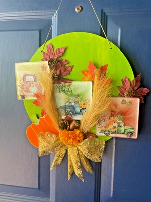 Handmade Fall Door Hanger with Resin Trucks & Foliage – Rustic Autumn Decor - Image 1 of 4
