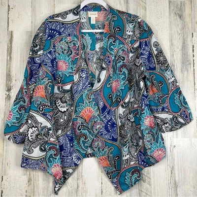 Cárdigan Chico's 100% Lino Frente Abierto XL Boho Artístico Estampado Floral Ligero Foto 1 de 4