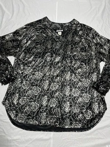 vintage 80s top black metallic silver floral print blouse shirt Size 18 - Picture 1 of 6