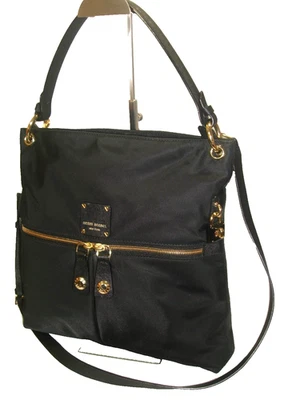 Bolso de Hombro Henry Bendel Jet Setter Negro Nylon Cuero Correas y Borde Hobo COMO NUEVO Foto 1 de 4