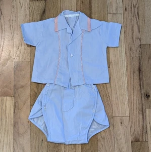 Vtg 50s Baby Boy 9-12 mo Outfit Blue 2 Piece Romper Shortalls & Shirt Set Retro - Picture 1 of 15