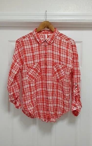 C&C California Top Womens Large Red & White Plaid Long Sleeve Linen Blend Pocket - Picture 1 of 12