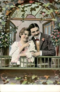Romantik süßes Paar lächelnde Blumen Vintage antike Postkarte - Bild 1 von 2