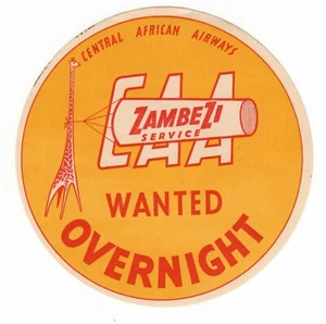 ZAMBIA  CAA  CENTRAL AFRICA  Zambezi, AIRLINE BAGGAGE LABEL R - 36 M, NH, ORIG'L - Picture 1 of 1
