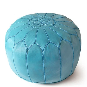 MOROCCAN TURQUOISE HAND STITCHED LEATHER POUFFE - FILLED/STUFFED - Picture 1 of 1