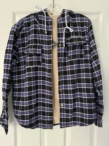 Womens Fleece Hoodie, Flannel Hooded Shirt, Plaid Button Down Hoodie Jacket - Picture 1 of 4