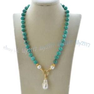 Natural Green Turquoise Gems Beaded White Keshi Baroque Pearl Pendant Necklace - Picture 1 of 12