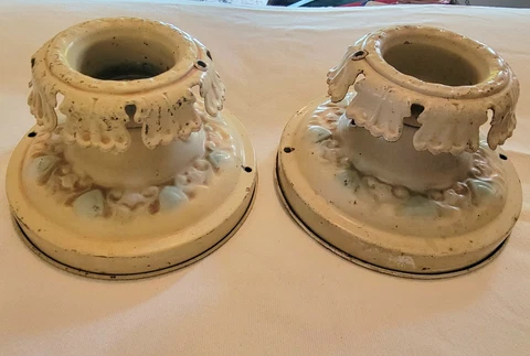 Antique Matching Pair of Art Deco Floral Pressed Tin Flush Mount Light Fixtures Cover