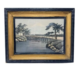 Vintage Antique Painting On Silk Japan Mt Fuji Bridge Trees Framed Under Glass - Picture 1 of 19