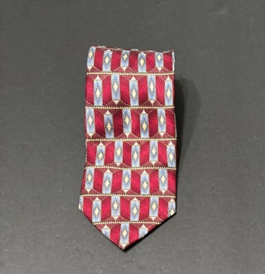 Corbata Hombre Hoy Hecha en Italia 100% Seda Rojo Azul Dorado Beige Patrón Geométrico Foto 1 de 4