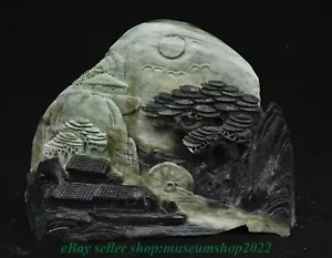 8.8" Chinese Natural Dushan Jade Carved Mountain Tree House Waterwheel Statue - Picture 1 of 11