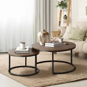 Oikiture Set of 2 Coffee Table Round Nesting Side End Table Walnut & Black - Picture 1 of 10