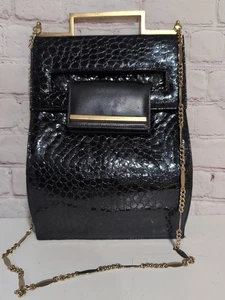 Lee Wolfe Black Croc Embossed Statement Gold Handle Handbag Vintage - Picture 1 of 20