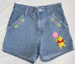Y2K Winnie The Pooh Disney High Waisted Denim Shorts Embroidered Striped Girls 7 - Picture 1 of 13