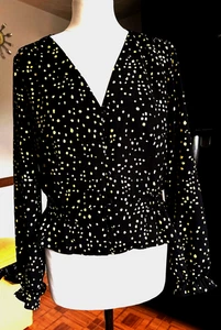 VGC Ladies TOPSHOP Bat BLACK & CANARY YELLOW SPOTTED Print Shirred Blouse Top 10 - Picture 1 of 3