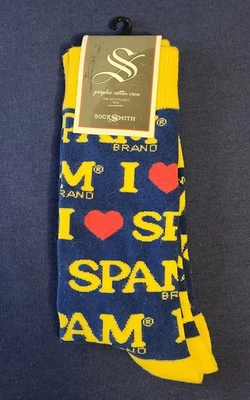 Meias "I Love SPAM" novidade Crew Socksmith azul amarelo vermelho foodie alta qualidade - Imagem 1 de 4
