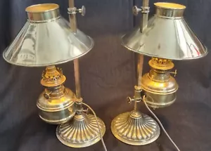 ANTIQUE PAIR RISE & FALL BRASS STUDENTS OIL LAMPS - ELECTRIFIED HINKS & SON BASE - Picture 1 of 22