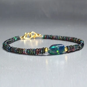 Natural Ethiopian Black Opal Smooth Beads Tumble 925 Sterling Silver Bracelet - Picture 1 of 7