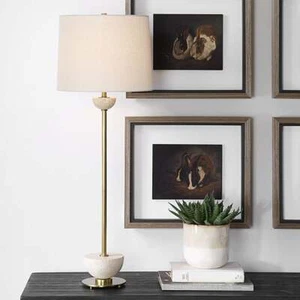 HEMISPHERE COMTEMPORARY BUFFET TABLE LAMP BRUSHED BRASS WITH TRAVERTINE 30481 - Picture 1 of 6