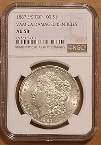 ANTIK 1887-S MORGAN DOLLAR NGC TOP 100 VAM 2A S/S AU-58 SELTEN DATUM DENTICLES - Bild 1 von 2