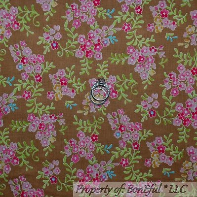 BonEful Fabric Cotton Quilt Brown Pink Blue Green Flower Leaf White Print SCRAP - Image 1 of 4