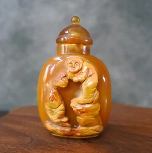 Old Chinese Antique Yellow Agate Stone Carving Handmade Art Snuff Bottle - Picture 1 of 7