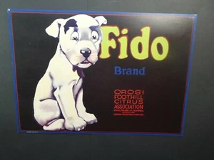 Fruit crate label etiquette Fido puppy 22x32 cm chiot, 1950/60. US Litho - Foto 1 di 1