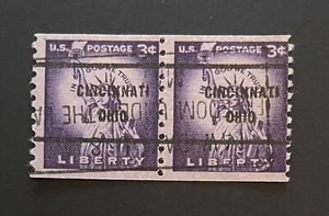 Cincinnati, OH Type 61 Precancel PAIR, 3 cents Statue of Liberty coil U.S. #1057 - Picture 1 of 1