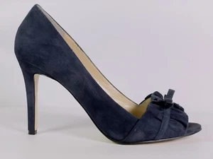 Enzo Size 8 M Angiolini Eamielee Peep Toe Ruffle Bow Blue Suede Leather Heels - Picture 1 of 15