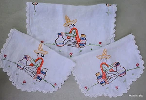 Dresser Scarf Set 3 Linen Embroidered Mexico Hombre Pottery Doily Antimaccasar - Picture 1 of 12