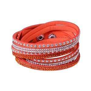Women Leather Wrap Wristband Cuff Rock Punk Crystal Rhinestone Bracelet Bangle - Picture 1 of 18