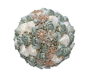 Handmade Wedding Bouquet with Golden Rhinestone Brooch Pearl Bridal Bouquet f... - Picture 1 of 8