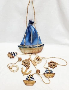 VINTAGE CERAMIC Pottery SAILBOAT Beach THEME WINDCHIMES Blue Tan Nautical Boat - Picture 1 of 14