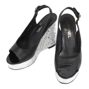 CHANEL COCO Mark Punching Metallic Sandals Women Black Silver 【A】 - Picture 1 of 12
