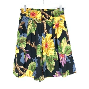 VTG 90s Lizwear Long Pleated Front Shorts Womens Sz 27 Black Multicolor Floral - Picture 1 of 8