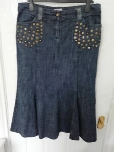 Per Una M&S 14 R dunkelblau Denim langer Rock Midaxi Bronze Nieten Details Taschen - Bild 1 von 8